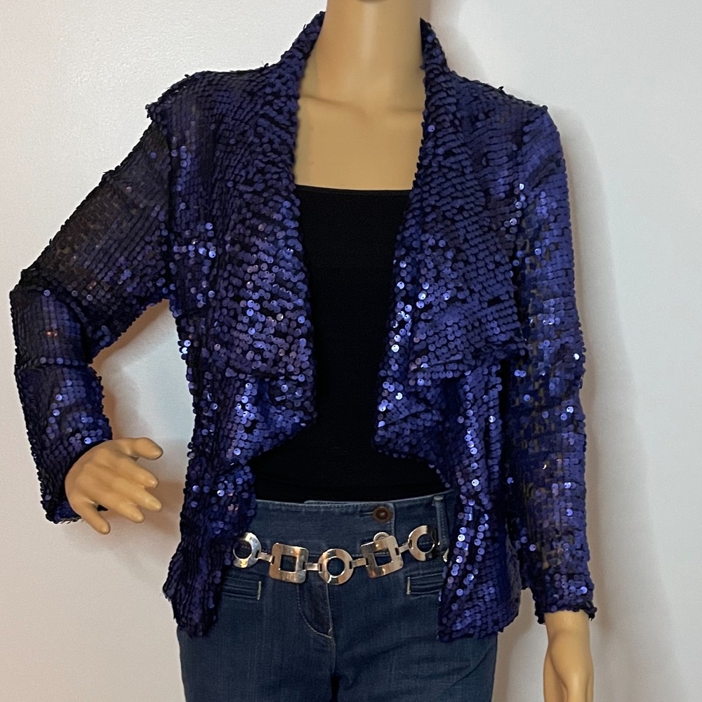 Vintage royal blue sequin layered shawl sweater jacket w ruffles in front 👑 - Picture 2 of 15